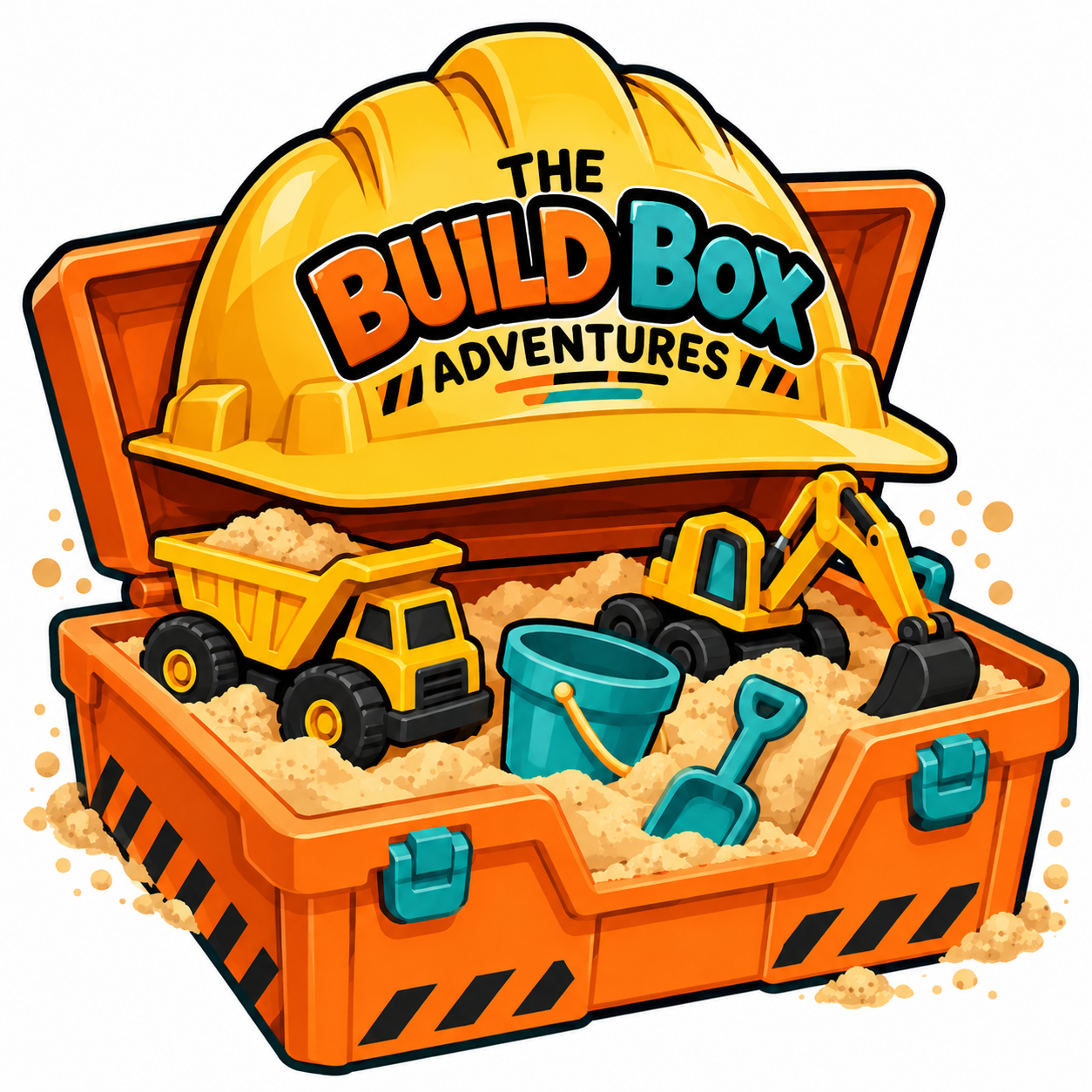 The Build Box Adventures logo with a yellow hard hat, orange sandbox, trucks, and teal digging tools